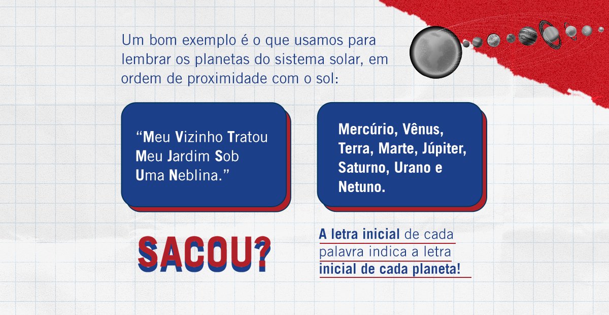unifacs's tweet photo. Quais técnicas e ferramentas você usa para tornar seu aprendizado mais completo? Já ouviu falar de Mnemônica? Não!? Então dê uma olhada nas imagens e saiba como isso pode ser um recurso e tanto para o seu aprendizado! https://t.co/O2CuQDflZE