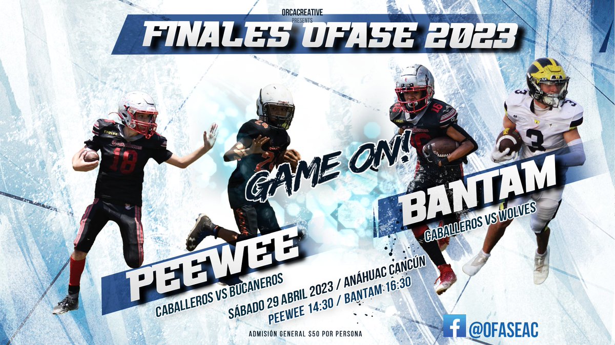 OFASEoficial's tweet photo. ¡Llegó el gran día!
FINALES OFASE Vamos todos a la Anáhuac Cancún
De poder a poder categoría Peewee Caballeros vs Bucaneros 14:30 hrs
Por la supremacía en la Bantam Caballeros vs Wolves 16:30 hrs
Donativo por persona $50
#footballamericano #OFASE https://t.co/GbaBiKgWah