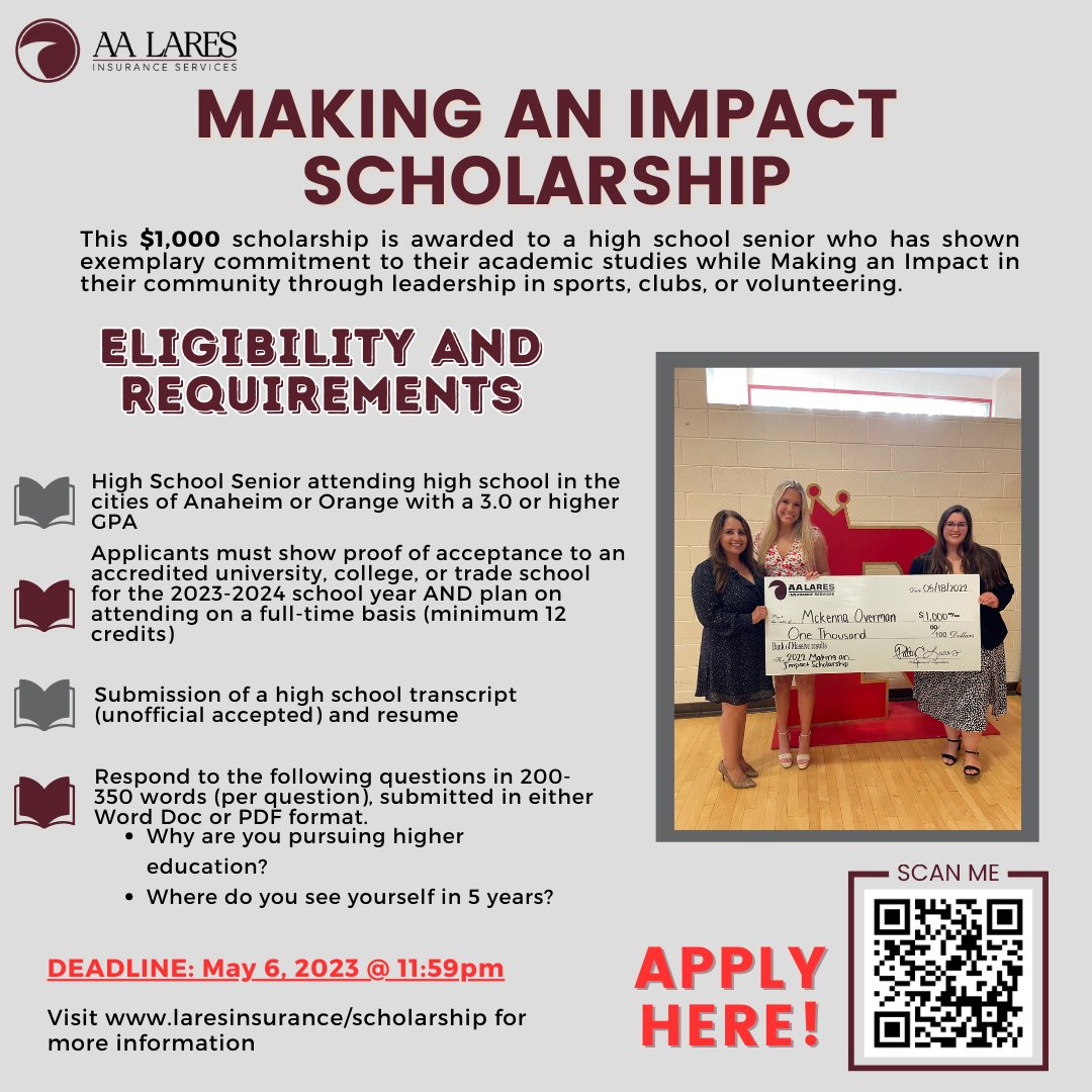LaresInsurance's tweet photo. ‼️ Applications are now open for our 2023 Making an Impact Scholarship ‼️

#AALI #LaresInsurance #ReferralRewards #MakingAnImpact #Commercial #LifeInsurance #HealthInsurance #Scholarships #ReferralRewardsProgram https://t.co/HOqT5GJWxk