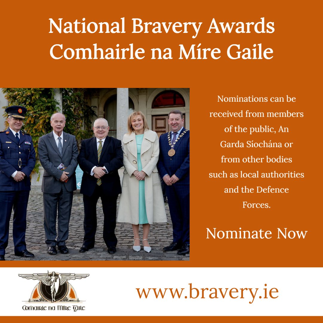 The Deeds of Bravery Council - Comhairle na Míre Gaile - is seeking nominations for this year’s awards.   

The National Bravery Awards recognise exceptional Acts of Bravery. 

🏅📜Nominations to sec@bravery.ie by 30th April.  

More information here: bit.ly/3ossWpq