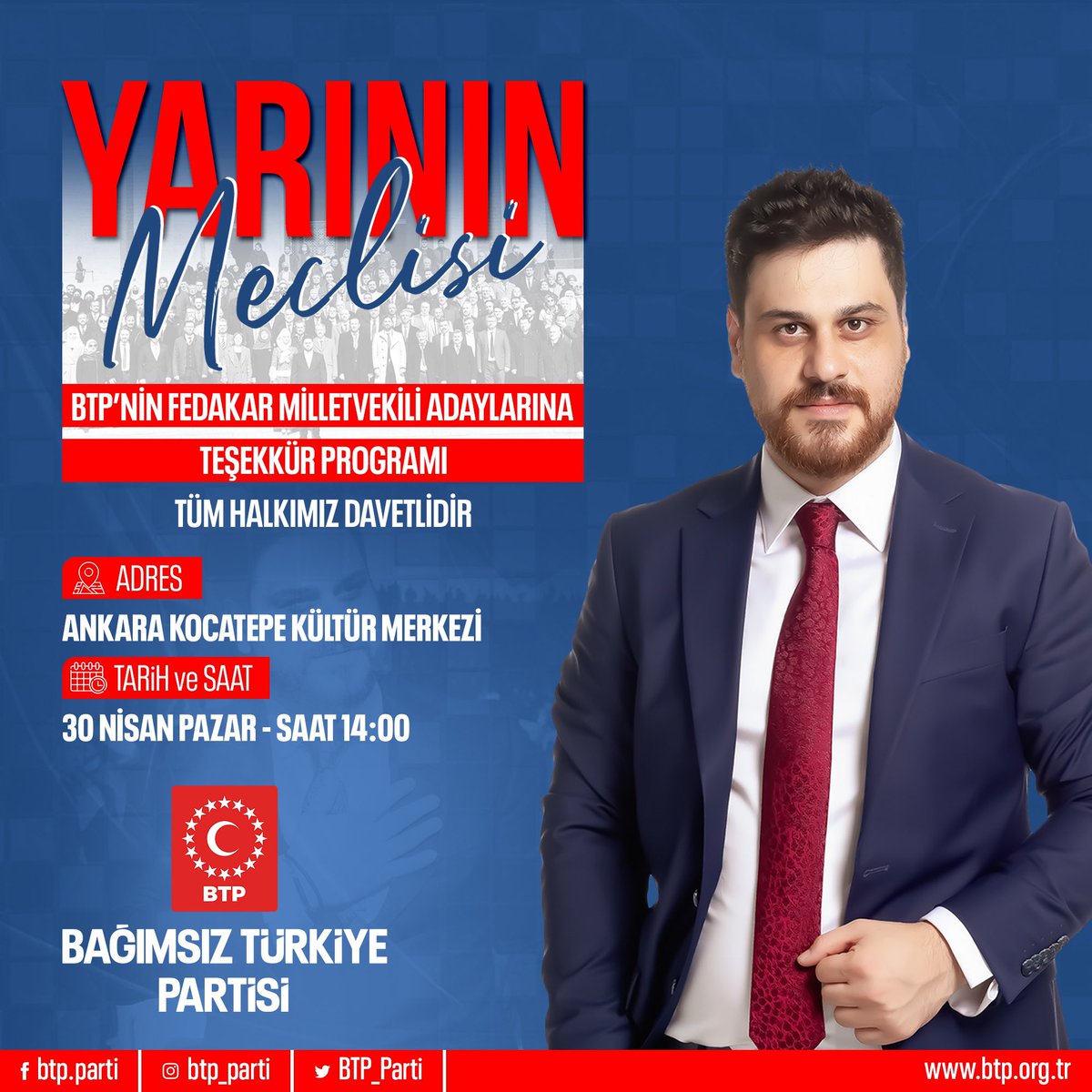 Tarihi sorumluluğumuzun olduğu bilinciyle hareket ettiğimiz bu dönemde:
Listelerin %80’i 40 yaş altı gençlerden oluşan 
“28. Dönem Fedakar Milletvekili Adaylarımıza Teşekkür Programımıza”

Tüm halkımız davetlidir.
#GençlerHalleder #HüseyinBaş #Seçim2023