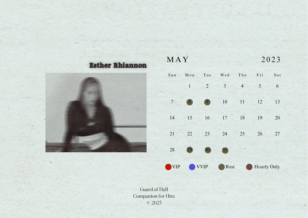 @karmaIogi ー Esther Rhiannon (esther.drr.ac)

Available from the 1st May until the end of May, she will be taking some rest this month (please check on the date with green dot). The schedule will be updated on t.me/gohschedule.