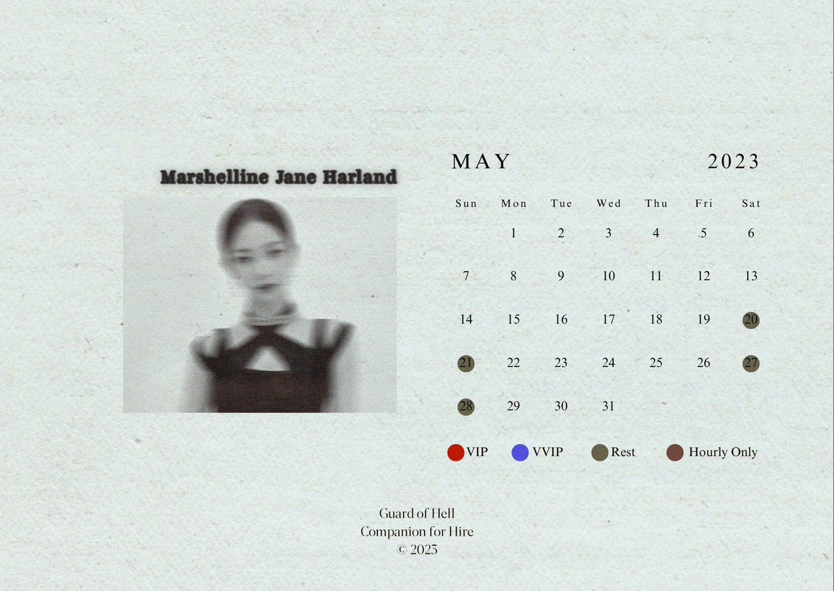 <a href="/bordeauxhues/">Marshelline.</a> ー Marshelline Jane Harland (bordeauxhues.carrd.co)

Available from the 1st May until the end of May, she will take a rest on the date with green dot. Her schedule will be updated on t.me/gohschedule.