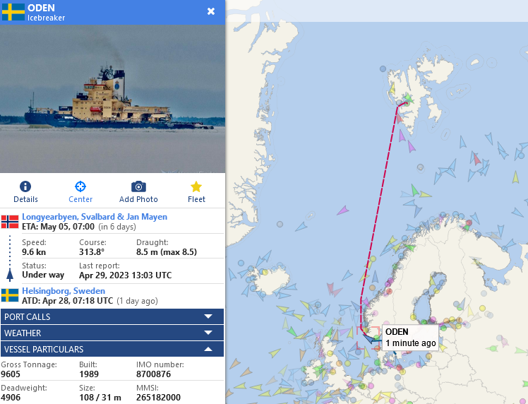 The Swedish #icebreaker Oden has departed for this summer's first #Arctic mission. The #ARTofMELT2023 (Atmospheric Rivers and the Onset of Sea Ice Melt) expedition will run from 7 May to 15 June.

eurekalert.org/news-releases/…

(AIS data via @VesselFinder)