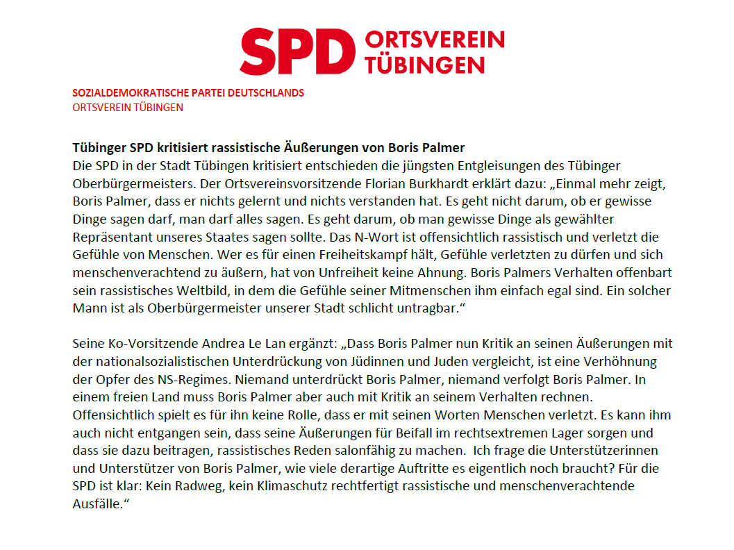 floburkhardt's tweet photo. Boris Palmer hat nichts gelernt und nichts verstanden. Seine rassistischen Äußerungen und seine Verhöhnung der Opfer der NS-Diktatur sind eine Schande für Tübingen und er ist als Oberbürgermeister untragbar. https://t.co/HHy8AmcSMe