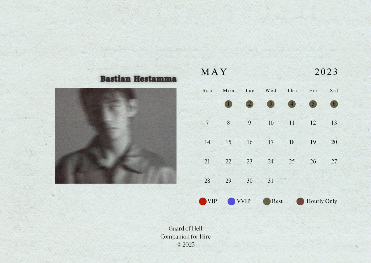 <a href="/Tousmaline/">Tamma.</a> ー Bastian Hestamma (hideout.ju.mp)

Available from the 7th of May until the end of May, he will take a rest on the date with green dot. His schedule will be updated on t.me/gohschedule.