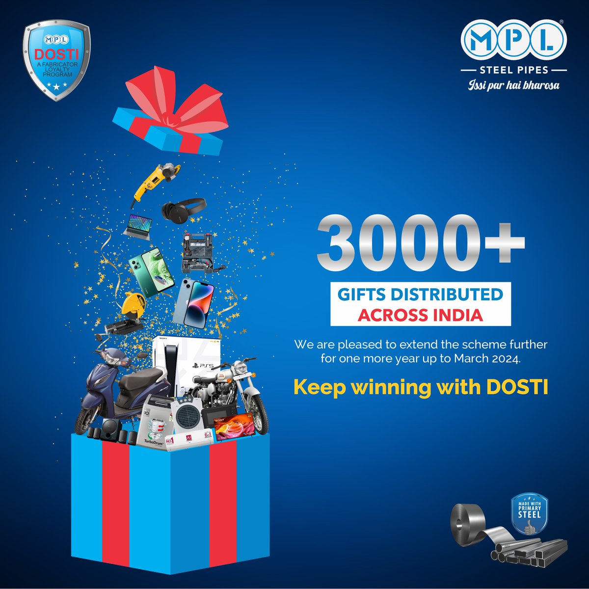 MPLGroup2's tweet photo. We're proud and happy to have distributed 3000+ gifts across India. ๐๐'๐ ๐ผ๐๐ฟ ๐ถ๐บ๐บ๐ฒ๐ป๐๐ฒ ๐ฝ๐น๐ฒ๐ฎ๐๐๐ฟ๐ฒ ๐๐ผ ๐ฒ๐
๐๐ฒ๐ป๐ฑ ๐๐ต๐ถ๐ ๐๐ฐ๐ต๐ฒ๐บ๐ฒ ๐ณ๐ผ๐ฟ ๐๐ฒ๐ ๐ฎ๐ป๐ผ๐๐ต๐ฒ๐ฟ ๐๐ฒ๐ฎ๐ฟ ๐๐ถ๐น๐น ๐ ๐ฎ๐ฟ๐ฐ๐ต, ๐ฎ๐ฌ๐ฎ๐ฐ.
#MPLDosti #MPLSteelPipes #steel #rewards #MPLDostiApp https://t.co/8k1NEVgr9N