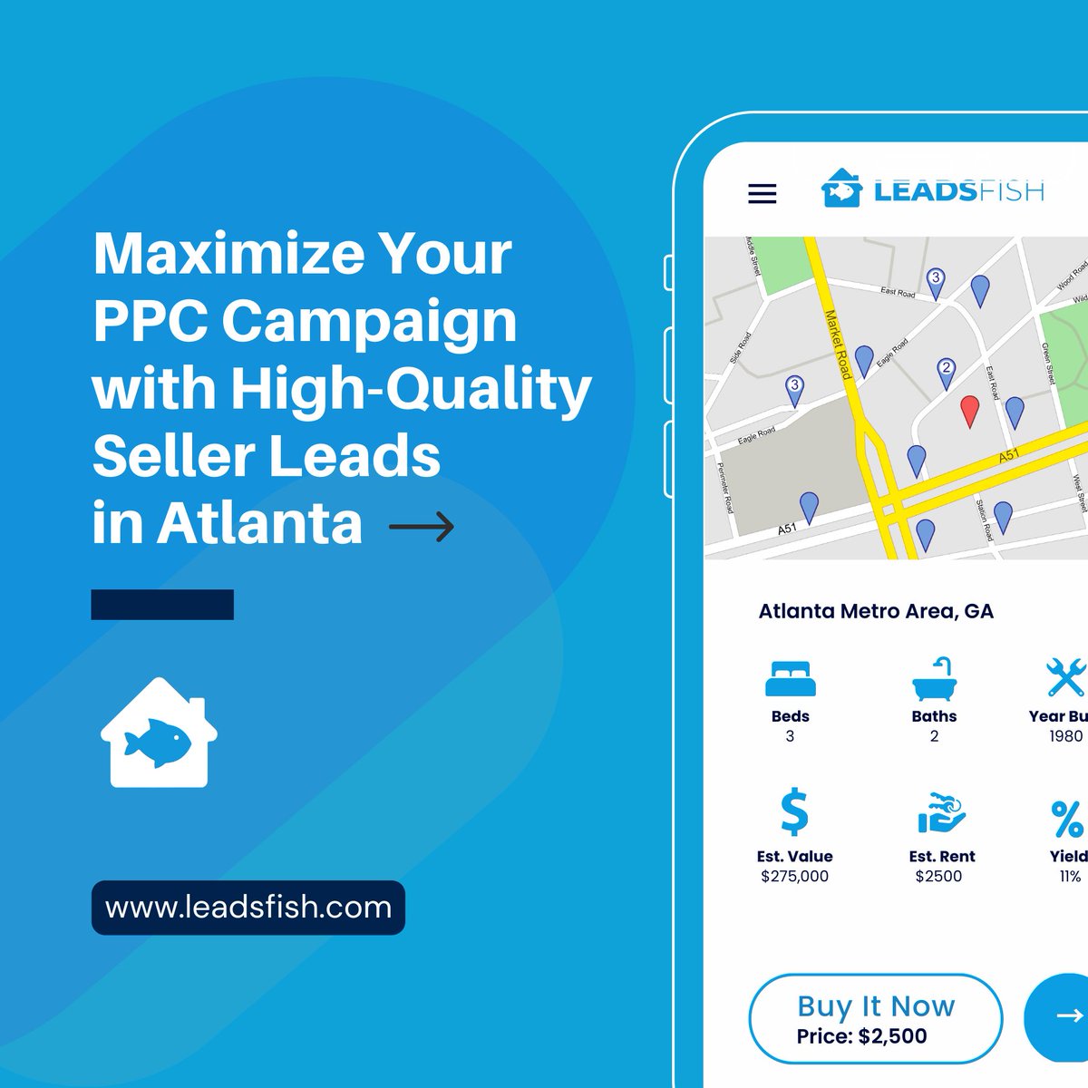 leadsfish's tweet image. Maximize your wholesaling real estate business in Atlanta with high-quality, motivated seller leads from Leads Fish. Use code "EarlyAccess" for a $100 discount on your first lead purchase. Go get your leads.
#LeadsFishLaunch #AtlantaRealEstate #WholesalingLeads