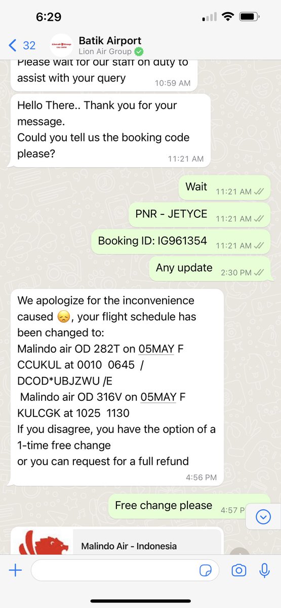 AslamSafwan's tweet photo. #batikair @lionairgroup  @LionAirID @BatikAirID Just look at the message which was given by your whatsapp Agent and now I am being denied that free reschedule. I cannot even claim full refund as per Whatsapp msg. Please help me to reshedule. Thanks https://t.co/MJKt2k3UHM