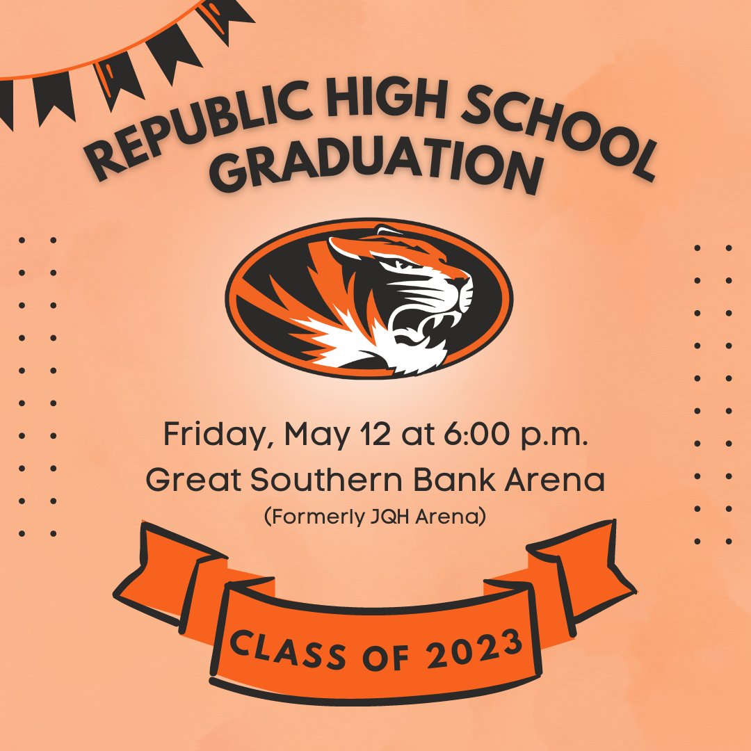 Republic High School will celebrate the Class of 2023 during a graduation ceremony on Friday, May 12, at 6:00 p.m. The event will be held at Great Southern Bank Arena (formerly JQH Arena) on MSU's campus. We look forward to celebrating the Class of 2023! #RepMOProud