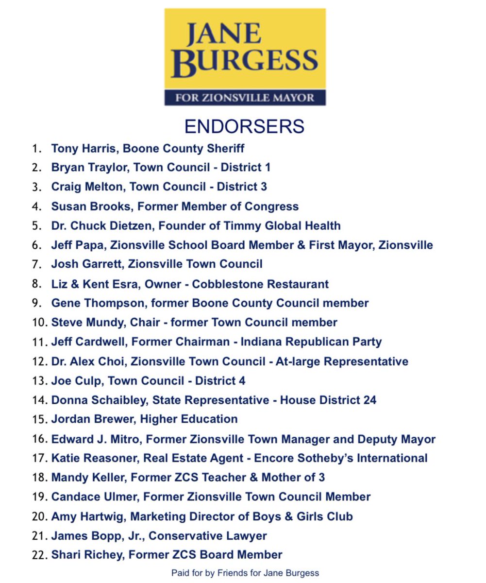 JaneForZville's tweet photo. Many have asked to see all of Jane’s endorsers in one place — here they are!  Congrats, Jane, on earning the support of so many! #janeforzvillemayor #earningyourvote https://t.co/CbTZyleKIN