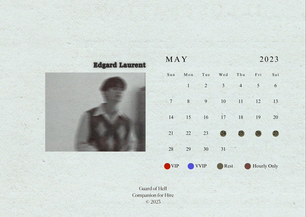 <a href="/OfEvanescent/">️️ ️️ ️️ ️️ ️️ ️️ ️️ ️️</a> ー Edgard Laurent A. (edgardlaurent.carrd.co)

Available from the 1st May until the end of May, he will take a rest on the date with green dot. His schedule will be updated on t.me/gohschedule.