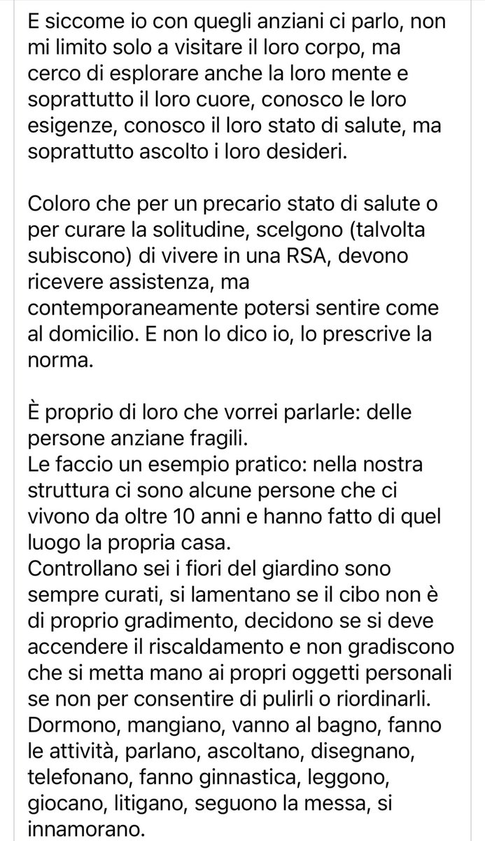 insopportabile's tweet photo. Le parole di 
@claudiamurrumd che dirige una RSA: “Loro hanno necessità di calore umano e noi operatori della salute abbiamo tanto bisogno di tornare a sorridere ai nostri pazienti. ❣️Condividete! Spero che questa lettera arrivi al cuore del Ministro.”
@MinisteroSalute https://t.co/q2quU6q8tV