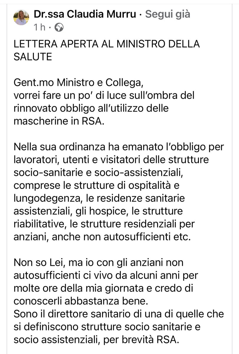 insopportabile's tweet photo. Le parole di 
@claudiamurrumd che dirige una RSA: “Loro hanno necessità di calore umano e noi operatori della salute abbiamo tanto bisogno di tornare a sorridere ai nostri pazienti. ❣️Condividete! Spero che questa lettera arrivi al cuore del Ministro.”
@MinisteroSalute https://t.co/q2quU6q8tV