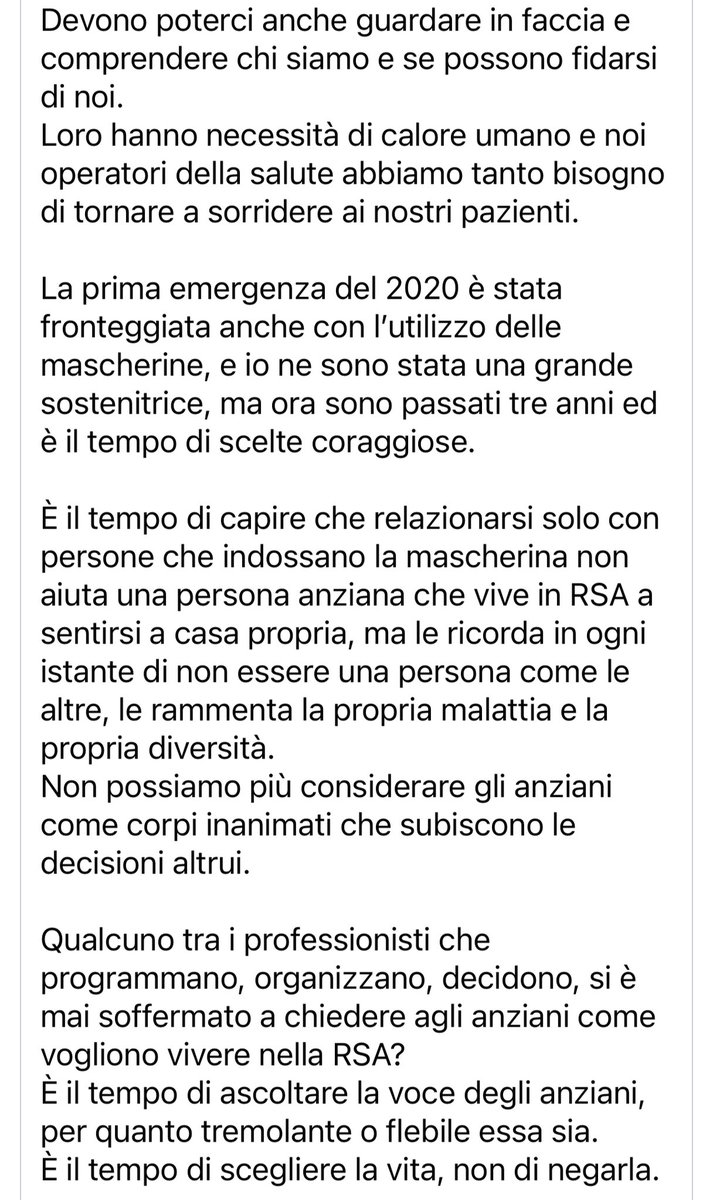 insopportabile's tweet photo. Le parole di 
@claudiamurrumd che dirige una RSA: “Loro hanno necessità di calore umano e noi operatori della salute abbiamo tanto bisogno di tornare a sorridere ai nostri pazienti. ❣️Condividete! Spero che questa lettera arrivi al cuore del Ministro.”
@MinisteroSalute https://t.co/q2quU6q8tV