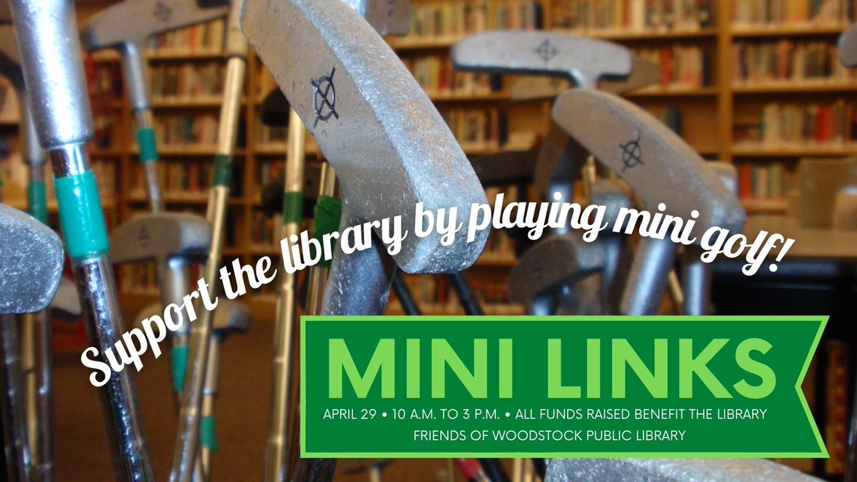Today's the day! Come play a round of golf in the library (and out of the rain) to help us raise money to support the library. 

First tee time: 10 a.m.
Last tee time: 3 p.m.
$5 / $3 kids 12 and younger
Pay at the door
All funds raised benefit the library