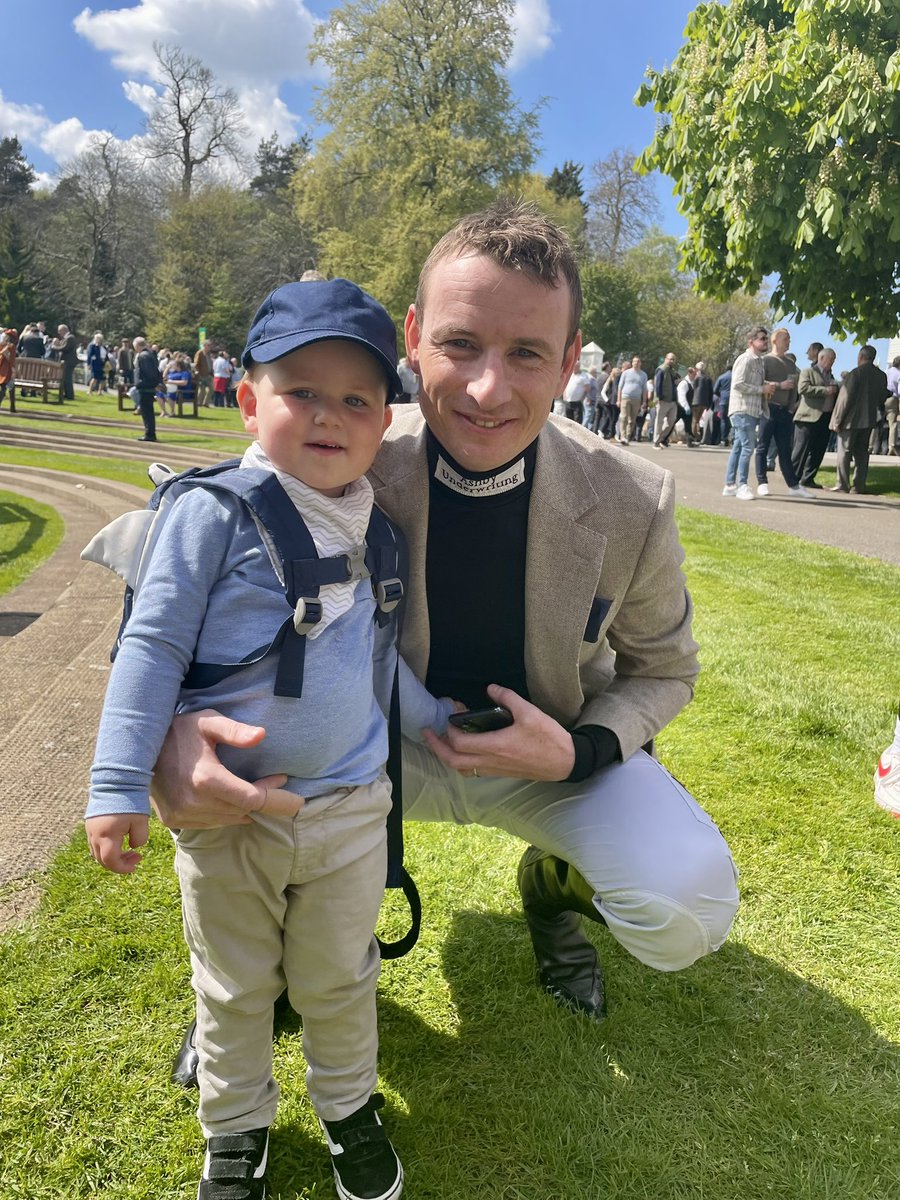 RacingTV's tweet photo. Tom O’Brien has had a long and distinguished career in the saddle. He’s retiring after his ride on Thyme Hill in the bet365 Select Hurdle at @Sandownpark this afternoon (4pm). Here he is with son Archie ahead of his final spin. Good luck, Tom! https://t.co/8vq5qNT471