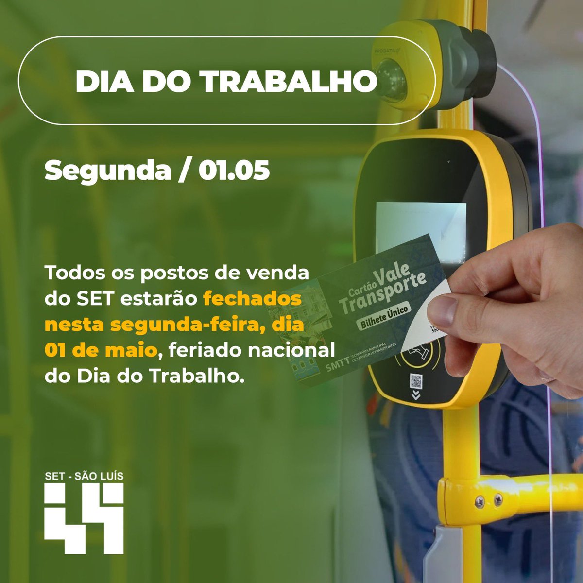 setsaoluis's tweet photo. Nesta segunda-feira, dia 1º de maio, é feriado no Brasil em comemoração ao Dia do Trabalho 📌 Motivo pelo qual todos os nossos postos de venda estarão fechados, reabrindo na terça-feira, dia 02/05 ✅

•O SET mais próximo de você! 🤜🤛

#SetSlz #transporte #SaoLuis #postosdevenda https://t.co/vUR2v4RwxD