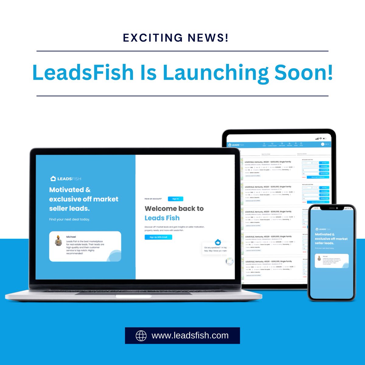 leadsfish's tweet image. Get exclusive, motivated seller leads for your real estate business. Sign up now for early access and receive $100 off your first lead purchase. Leads Fish is coming live on May 1. So why wait? Let's get started.
#RealEstate #RealEstateInvestor #launchday