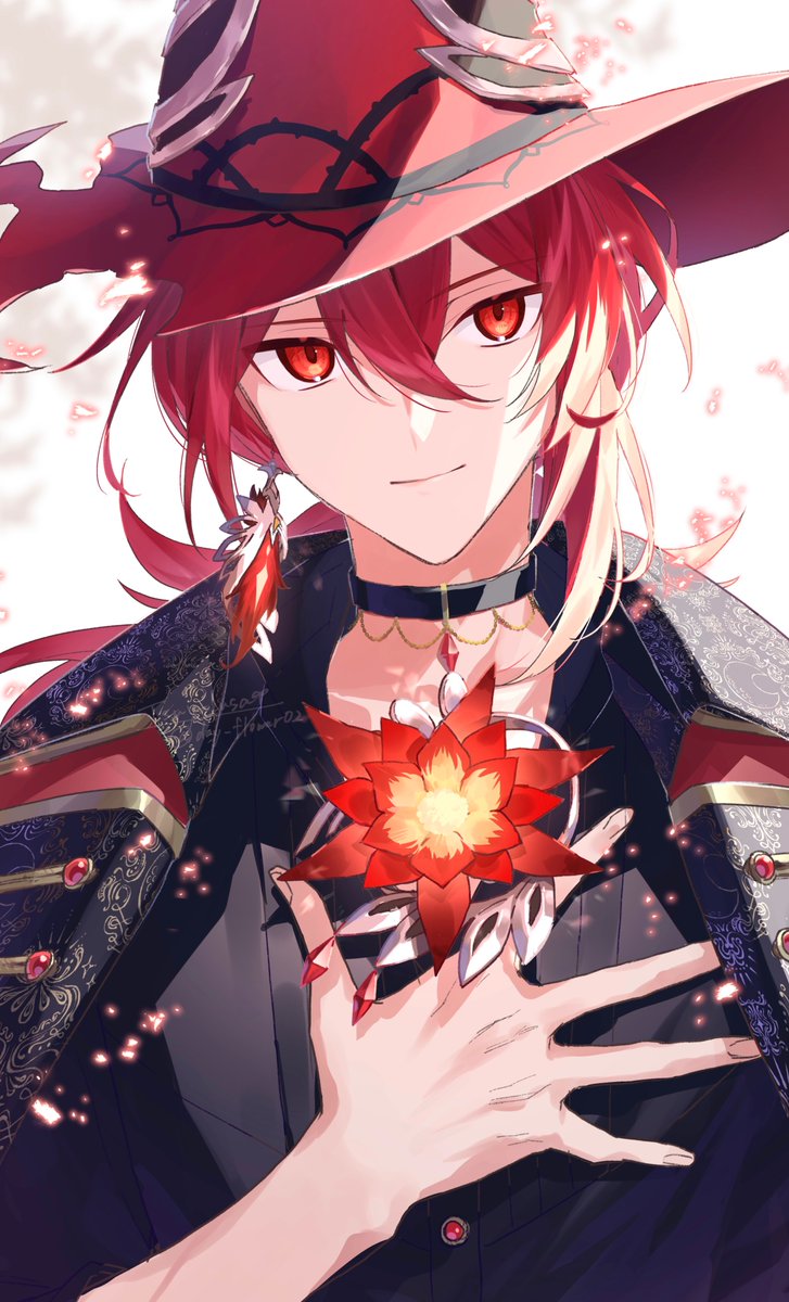diluc (genshin impact) red hair red eyes 1boy male focus solo flower hat  illustration images