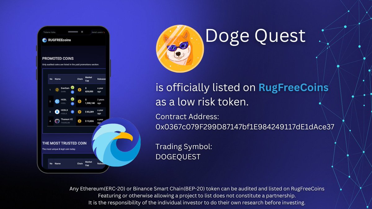 "<a href="/Doge_Quest/">Doge Quest</a>"  has been reviewed and listed on RugFreeCoins as a low-risk token.  

rugfreecoins.com/coin-details/1…

 #rugfreecoins #scamfree #DogeQuest #DOGE 
t.me/DogeQuestChat