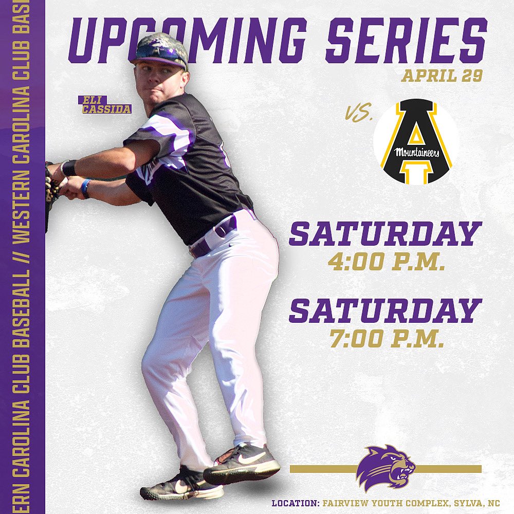 wcuclubbaseball's tweet photo. The #ClubCats finish the regular season today, with a doubleheader-only series against @AppClubBaseball! First pitch is scheduled for 4pm at the Fairview Youth Complex. https://t.co/fW4q88bfQg