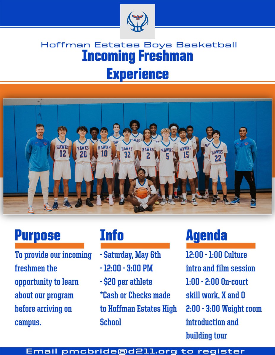 1️⃣ week away! We are excited to give our incoming freshmen 3 hours of insight into our program:

- Culture/Standards
- Film study
- Offensive &amp; defensive philosophies
- On-court skill work
- Weight room
- Building tour 

Any questions, feel free to email pmcbride@d211.org #UBUNTU