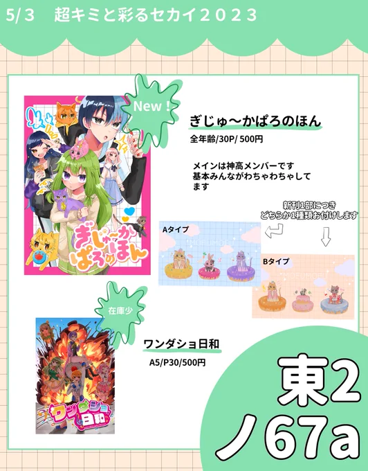 5/3 超キミと彩るセカイ 2023(SUPER COMIC CITY 30 -day1-内)

スパコミのお品書きです❣️
新刊は擬獣化パロ本(神高メンバーメイン)で新刊1部購入につきポストカードをどちらか1種お付けします

既刊のワンダショ日和も持っていきますがこちらかなり在庫少ないです 