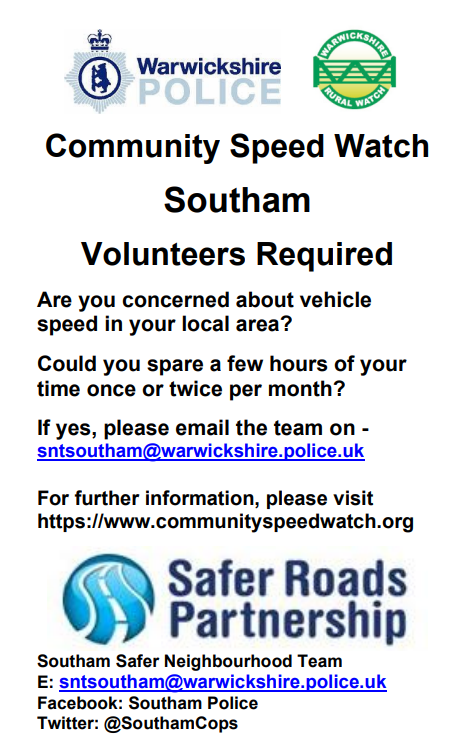 Community Speed Watch Southam Volunteers Required!

For more information about CSW, please visit:
communityspeedwatch.org/FRONT-v2-Home.…