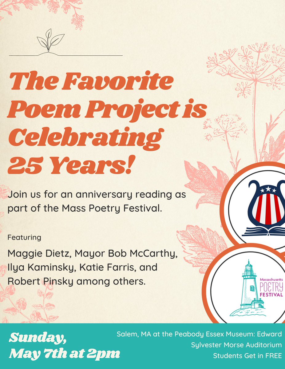 januaryoneil's tweet photo. 25 Years of The Favorite Poem Project! Happy to be part of the celebration. π
Favorite Poem Project at Mass Poetry Festival
Sunday, May 7, 2 p.m.
@peabodyessex @masspoetry
masspoetryfestival #poetry #pem #favoritepoemproject https://t.co/emfLQA7X9W