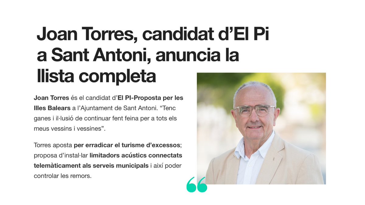 Que El Pi estigui dins el futur govern és garantia de:
🔸Gastar els sous públics amb seny
🔸Acabar amb les contractacions a dit
🔸Erradicar el turisme d’excessos
🔸Instalar limitadors acústics conectats a l’ajuntament per eliminar la remor