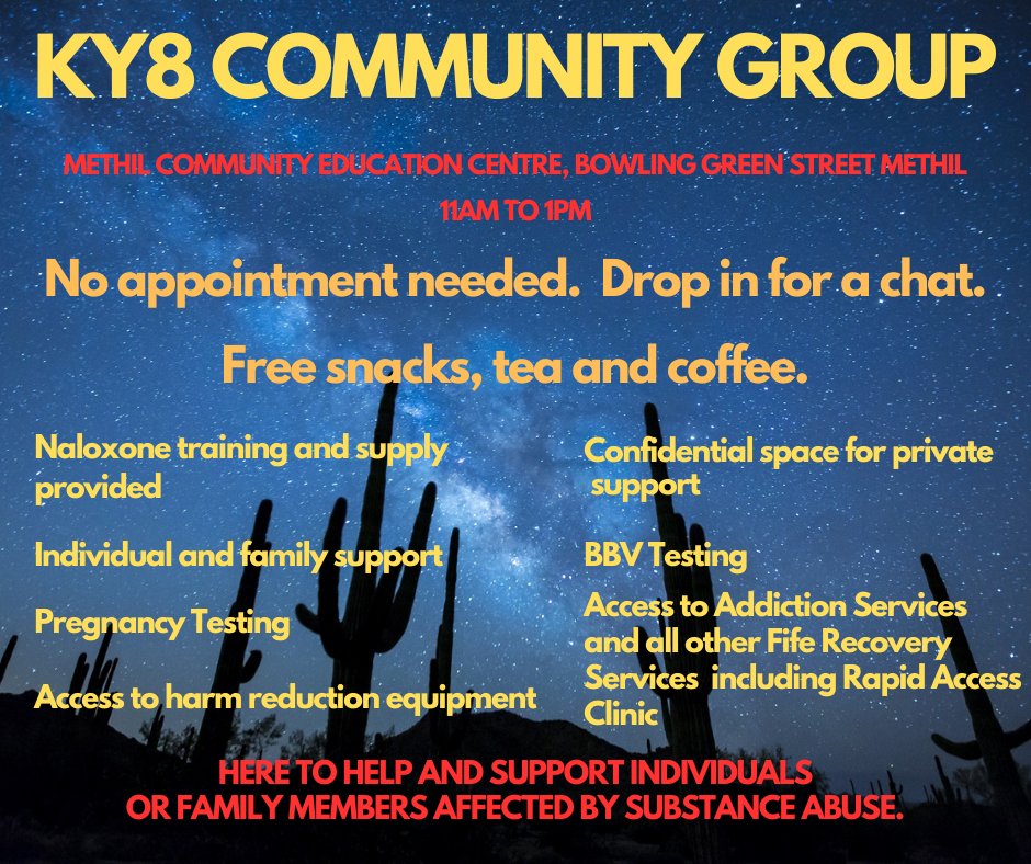 KY8 Community Group/Drop-in Recovery Clinic open tomorrow from 11am - 1pm. Clients can be referred from these sessions into other services such as Addiction Services. Methil Community and Education Centre, Bowling Green Street Methil, KY8 3DH. Auricular acupuncture also provided.