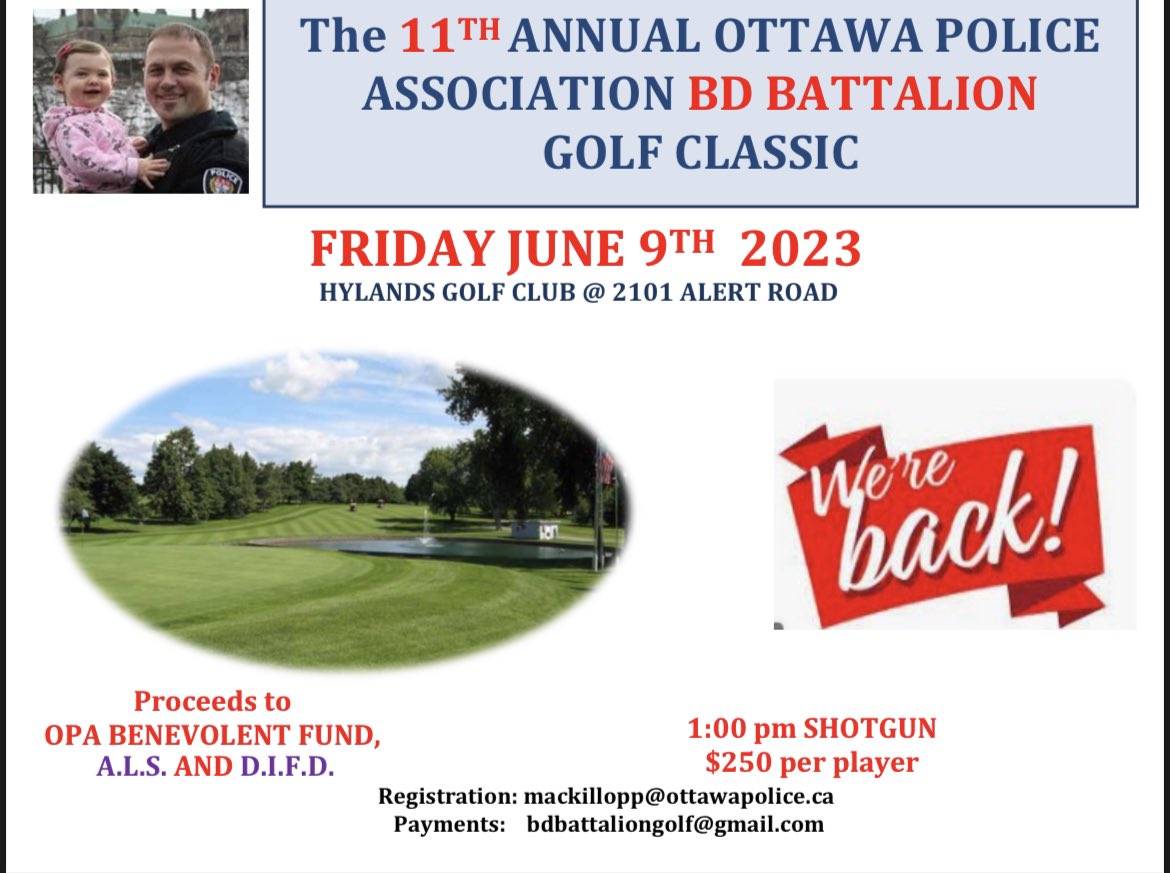 bdbattalion's tweet photo. @difdroyal @ALSCanada @OTTAWAPAca The 11th Annual Ottawa Police Association BD Battalion Golf Classic is back for first time since Covid! June 9th! Save the date! Proceeds to the OPA Benevolent Fund / ALS Canada and DIFD. https://t.co/pr3qsO9ADG