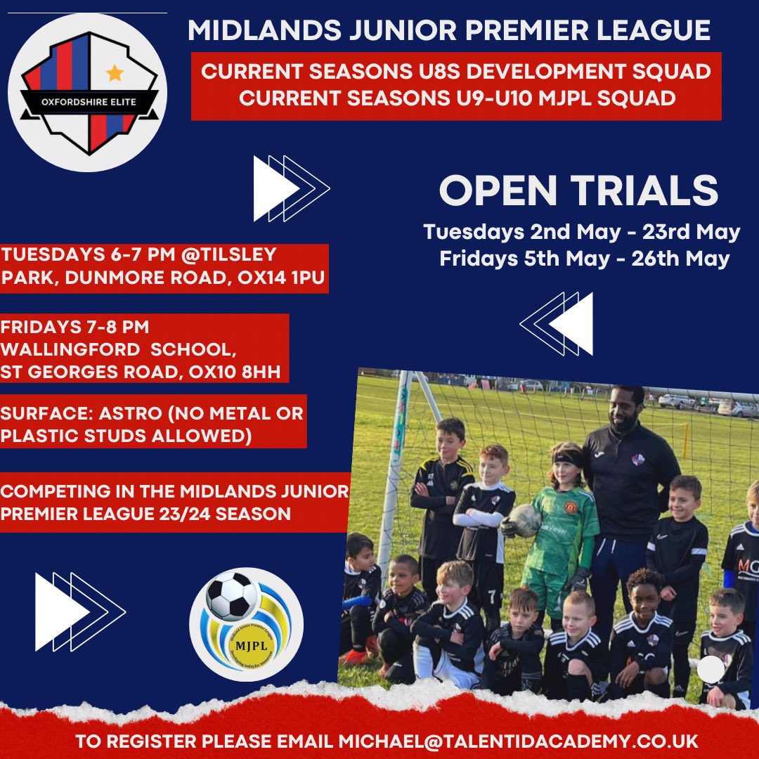 Open trials for boys in school year 3, 4 &amp; 5. Test yourself against private academies &amp; professional football clubs. Details below 👇

#TalentiDAcademy
#OxfordshireBoysElite
#MJPL
#MidlandsJuniorPremierLeague
#development