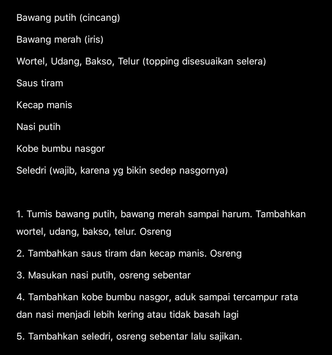 monesaurus's tweet photo. @jellypouty @FOODFESS2 Ini ya kak. Kuncinya di kobe bumbu nasgor, seledri, terus nasinya diosreng sampai kering dan ga basah lagi. Ga pake bumbu halus karena males ribet :(  tapi rasanya tetep enak kok hehe - s https://t.co/lN1iKBin8g