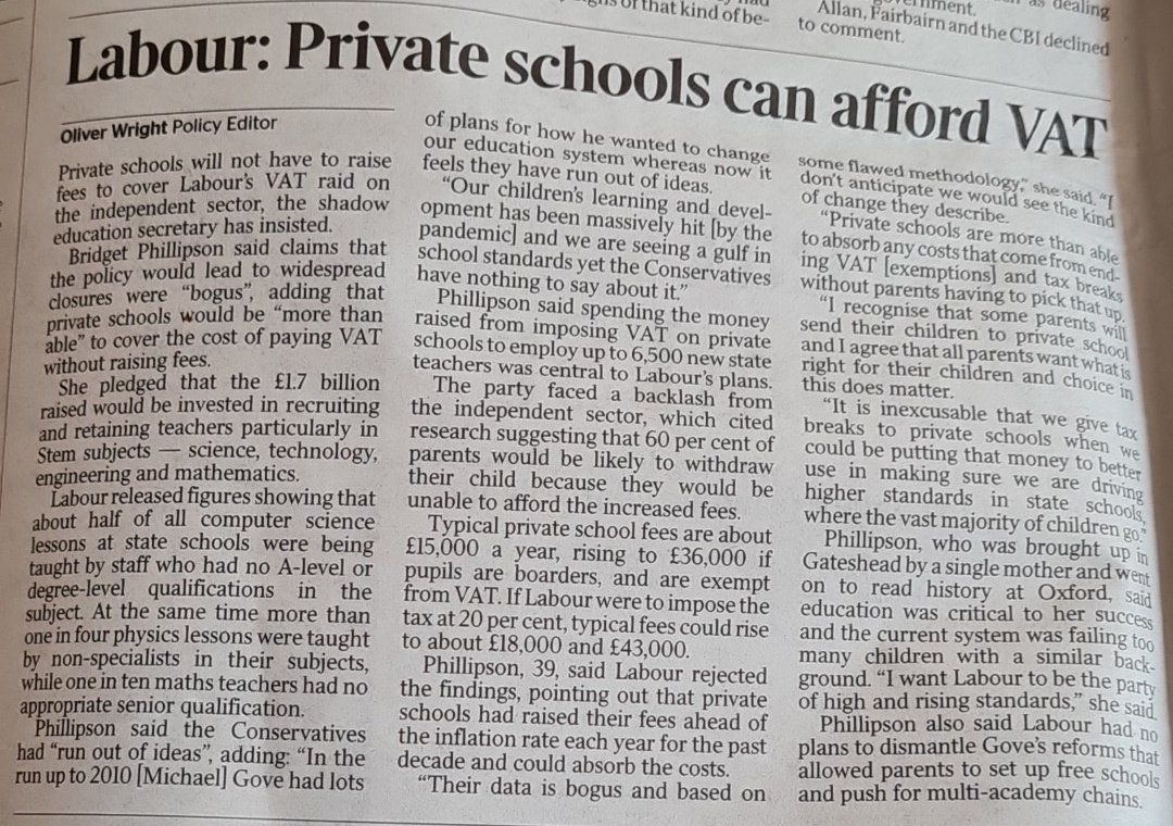 chris_lees's tweet photo. Breathtaking naivety from @LabourParty here to suggest private schools will absorb VAT instead of passing it on.

Tax laws are laws. ANY business that is told they must charge VAT on their product or service will add full VAT without thinking.

Suggesting anything else is stupid. https://t.co/OhQPkOOKSk