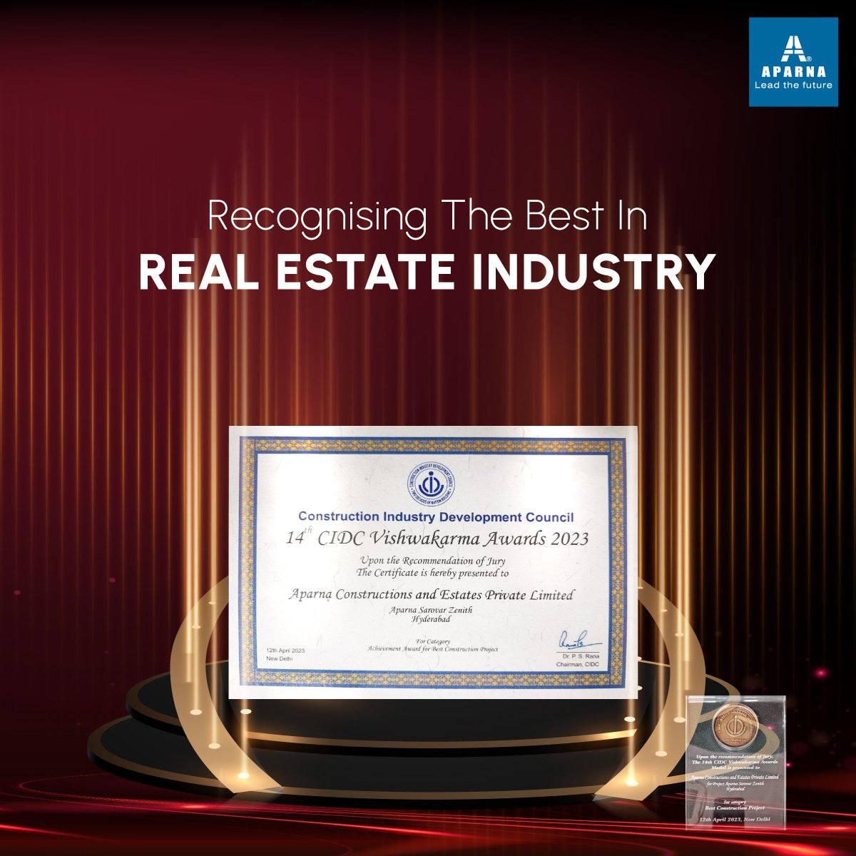 AparnaGroup's tweet image. We are pleased to inform you that on April 12, 2023 at the ICAR Convention Centre, New Delhi, #AparnaConstructions was awarded 'The Best Residential Project (Aparna Sarovar Zenith) in the Construction Industry Development Council (CIDC), #VishwakarmaAwards 2023.

#CIDC