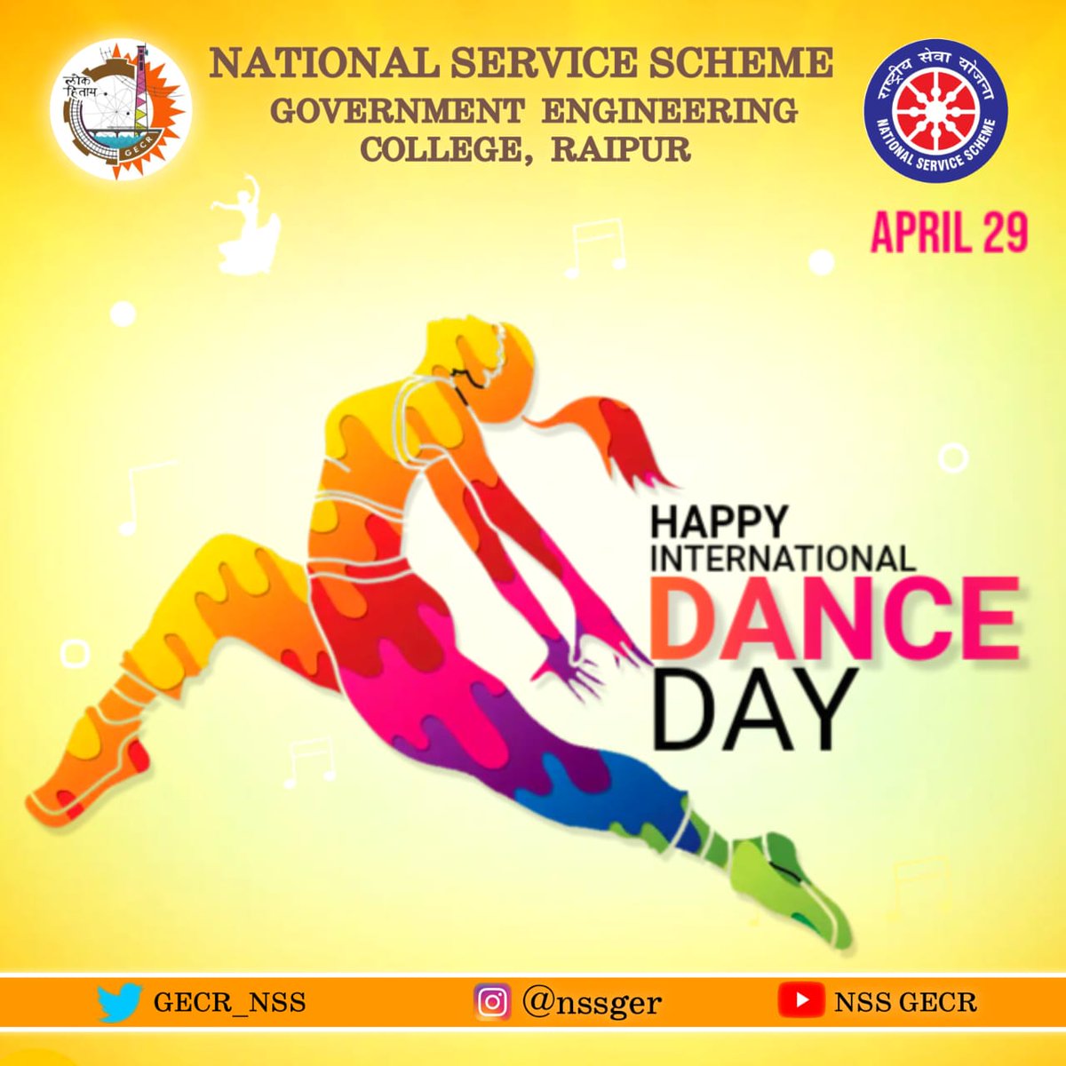 GECR_NSS's tweet photo. NSS, GECR wishes a very Happy #InternationalDanceDay and #WorldVeterinaryDay and celebrate the joyful exercise while respecting the talent to treat and care animals.

#YuvaBharat2023 https://t.co/CJlPpsmluG