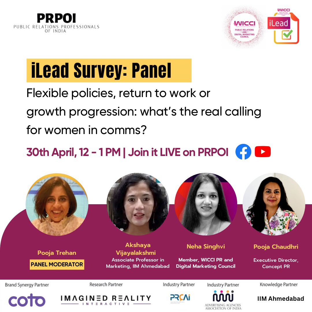 prpoi_india's tweet photo. Akshaya Vijayalakshmi, Neha Singhvi and Pooja Chaudhri (she/her) join us for a chat on what’s in store for women in communication ahead of the @WICCIPRDigital #ILead 2023 #survey results. 

Moderator : @PoojaBD 

#impact  #representationmatters  #ImaginedRealityInteractive https://t.co/n9AJXFKGHN