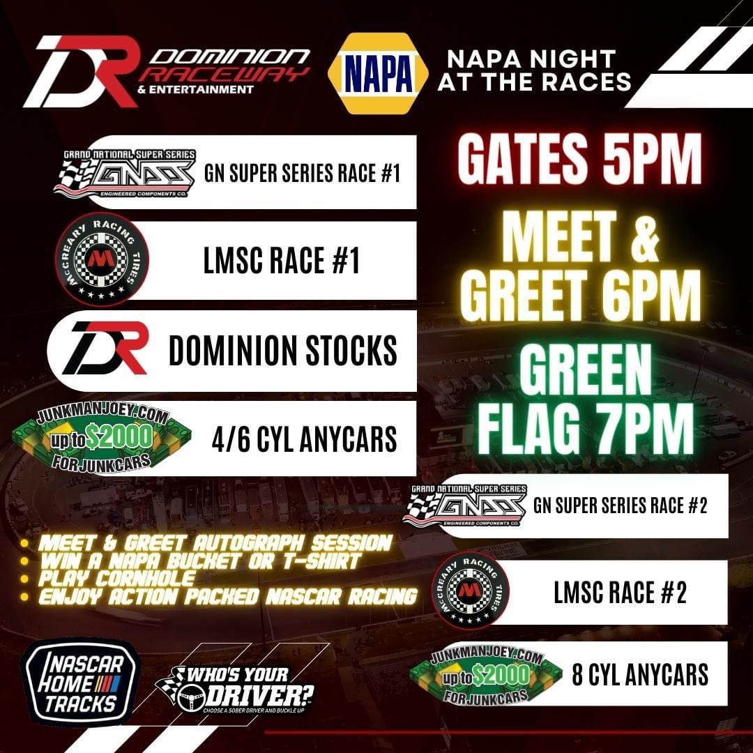 DominionRaceway's tweet photo. Its CCB NAPA Auto &amp; Trucks Parts Night at the Races! Late Model Stock Cars, Dominion Stocks, 4 6 &amp; 8 cylinder Anycars, and the Grand National Super Series Fan meet and greet on the front stretch at 6pm Win a NAPA bucket or a t-shirt, play corn hole and more! https://t.co/krJKoe6YaF