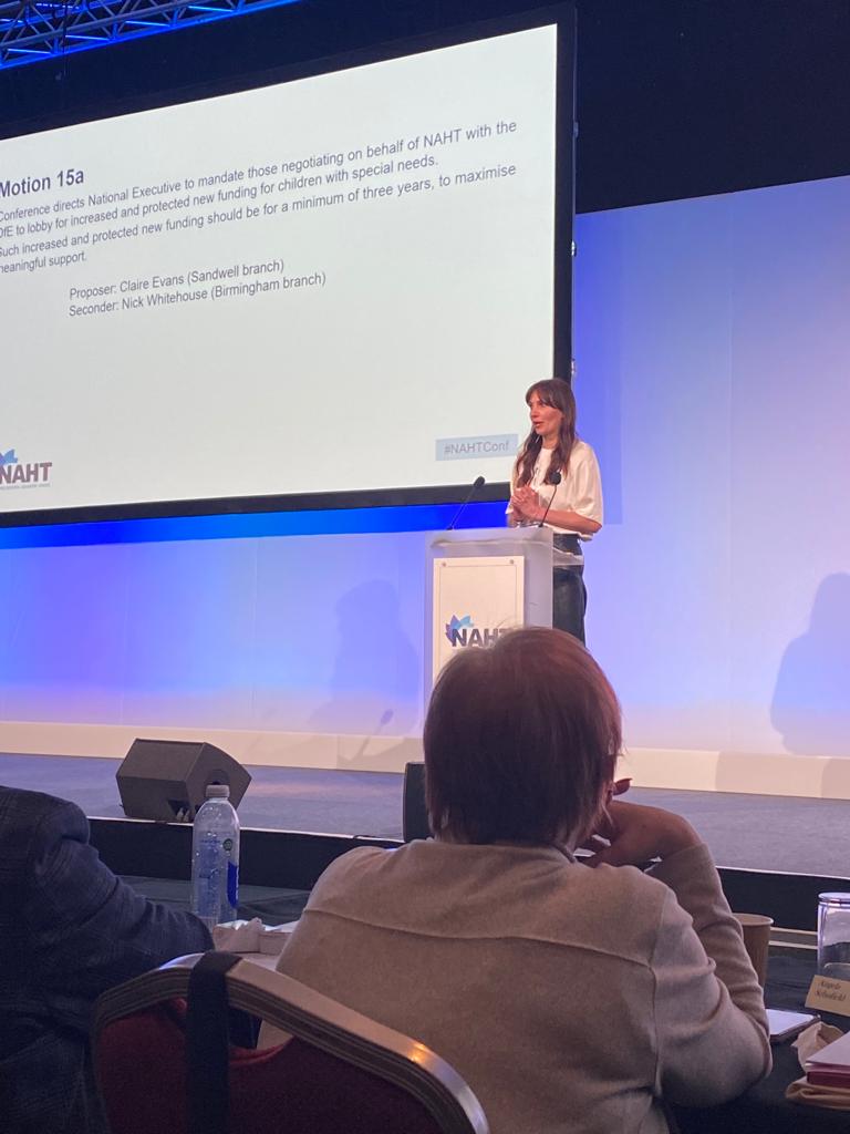 Motion 15a calling for "increased and protected funding for children with additional needs" proposed by Claire Evans, Sandwell President, is unanimously carried 
#NAHTConf
<a href="/NAHTnews/">NAHT</a>
