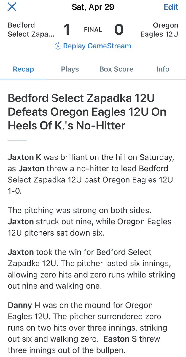 TheSelectWay's tweet photo. Congrats to the Bedford Select 12u Zapadka boys on a great team win! Also, a huge shout out to Bedford Selects first No-Hit Pitcher, Jaxton Krueger!! A complete game with zero hits, 9 Kโs and 70 pitches. #Dawg #Dude #Family #TheSelectWay #Errorfreebaseball https://t.co/864LYrVGTU