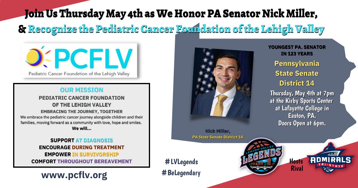 LVLegendsBBall's tweet photo. Join us Thursday May 4th at 7pm as we honor the youngest PA Senator in over 123 years, Nick Miller &amp; Recognize the contributions of the Pediatric Cancer Foundation of the Lehigh Valley. Doors open at 6pm, Tip-off is 7pm.
#BeLegendary
#LVLegends
#SenatorNickMiller
#PCFLV https://t.co/PYisQTf4Lu