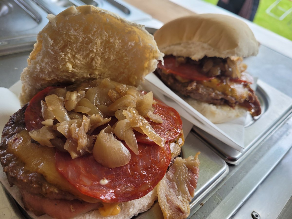 Fully loaded 100% beef burger with chorizo, spicy cheese, bacon and onions....<a href="/LeighRUFC/">Leigh RUFC</a>  today and tomorrow for the Rugby Finals Day.  Outdoor bar and DJ.  Come and join us!