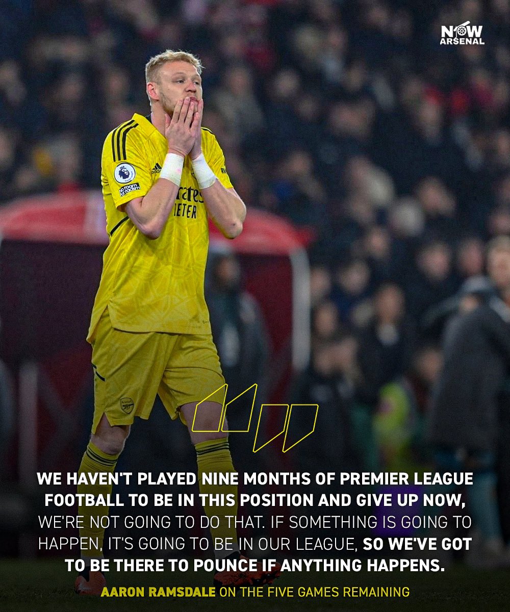 now_arsenaI's tweet photo. Aaron Ramsdale isn’t ready to give up just yet with five games remaining… #afc https://t.co/8vsS2025Ty