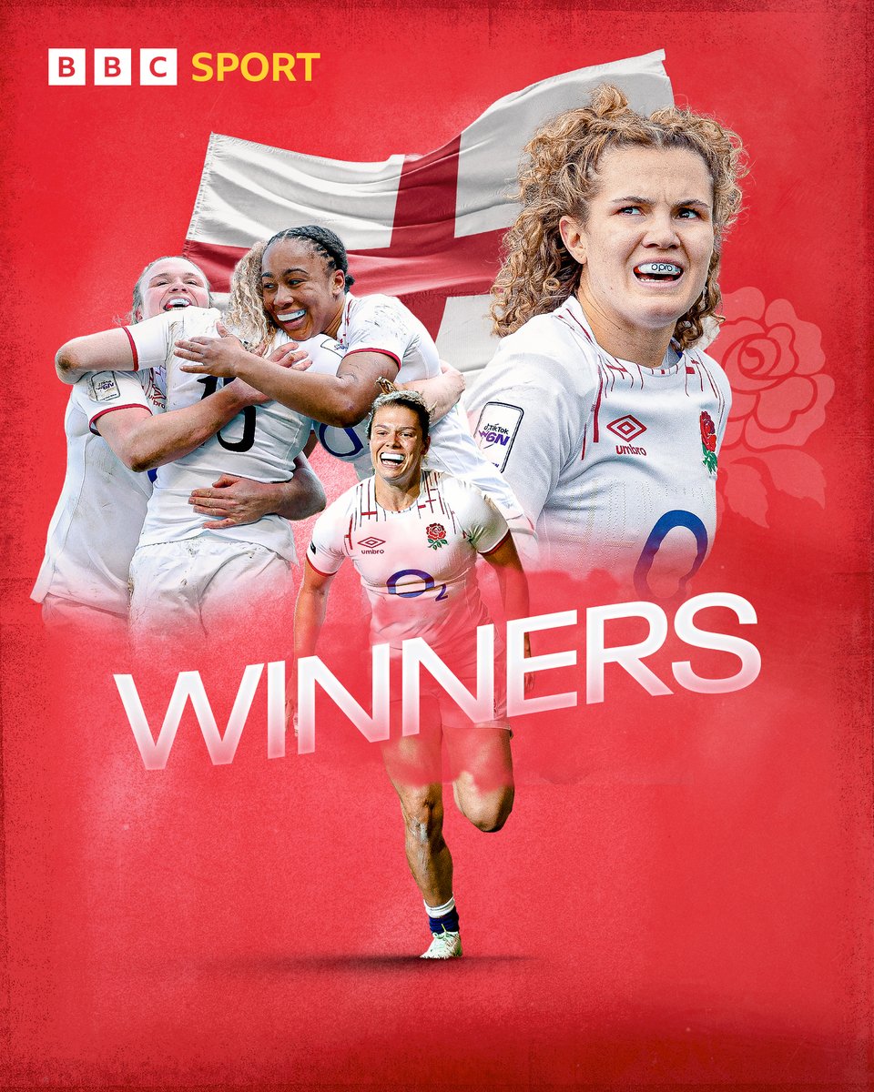 BBCSport's tweet photo. 🌹🙌 The Red Roses have done it! 🙌🌹

FT: 🏴󠁧󠁢󠁥󠁮󠁧󠁿 England 38-33 France 🇫🇷

England seal a fifth successive Six Nations title and the Grand Slam with victory at Twickenham 👏

#SixNations domination complete  ✅

#BBCRugby https://t.co/MJc6mGuivO