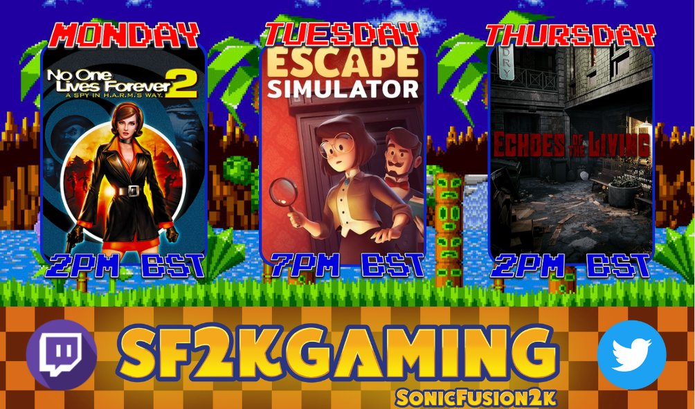 SonicFusion2K's tweet photo. I shall return to streaming this week! 

Monday shall see the return of #NOLF2
Tuesday is my turn to host #TeamTWAT with #Escapesimulator by @PineStudioLLC 
Thursday shall be playing #Echosoftheliving by @DevMoonGlint 

#twitch #smallstreamer https://t.co/EDcG5iMANE