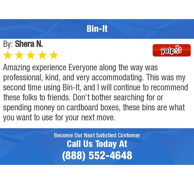 5 Star: Shera N. "Amazing experience! Everyone along the way was professional, kind, and..." yelp.com/biz/bin-it-new…