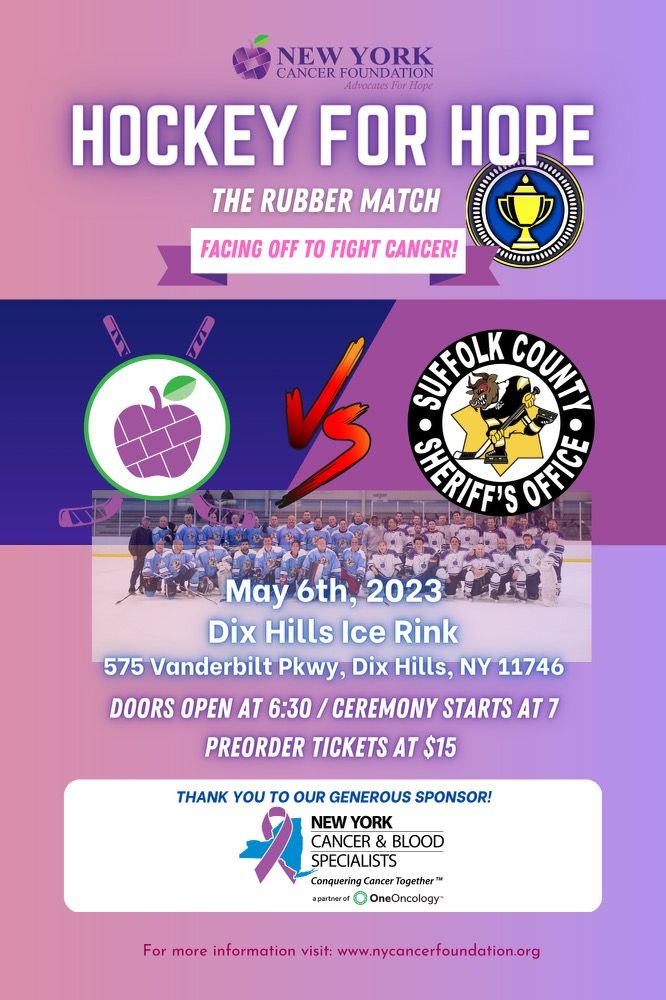 Suffolk_Sheriff's tweet photo. The Suffolk County Sheriff’s Office will be facing-off against the New York Cancer Foundation in the Annual Hockey for Hope Fundraiser on May 6 at the Dix Hills Ice Rink.  
The event will feature raffles, vendors, and activities for all ages. https://t.co/1wR8WhX2xU