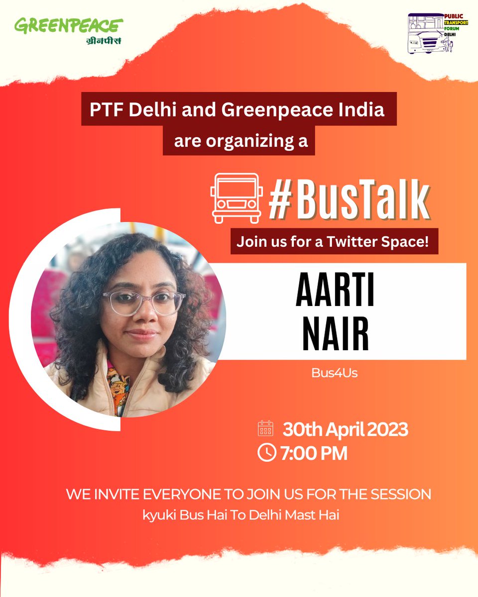 Let us introduce you to our speaker of week's #BusTalk - Aarti Nair, from Bus4us!

She is an entrepreneur turned social worker with  ten years of experience in communications.
She led the Urbanworks Institute's multi-city Bus4us campaign in 2022

Join us tomorrow at 7:00 pm.